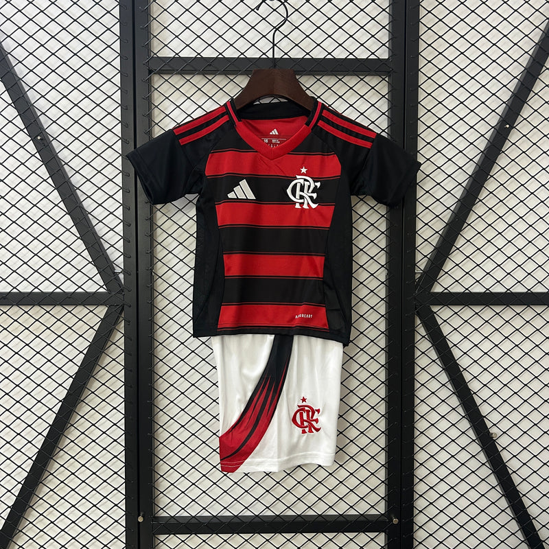 CAMISOLA FLAMENGO I 25/26 – CONJUNTO INFANTIL DO EQUIPAMENTO PRINCIPAL RUBRO-NEGRO