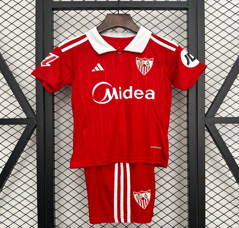 Camisola Sevilla II 2526 Conjunto Infantil  Réplica Tailandesa  Modelo Reserva Vermelho