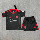 Camisola Sevilla III 2526 - Conjunto Infantil  Terceiro Uniforme Preto e Vermelho  Réplica Tailandesa